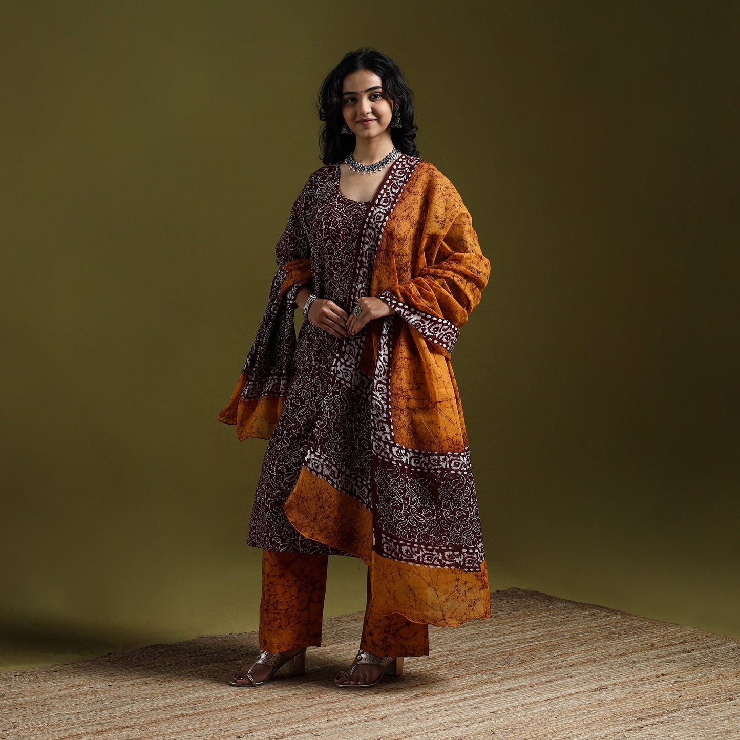Hand block batik print cotton suit set with dupatta