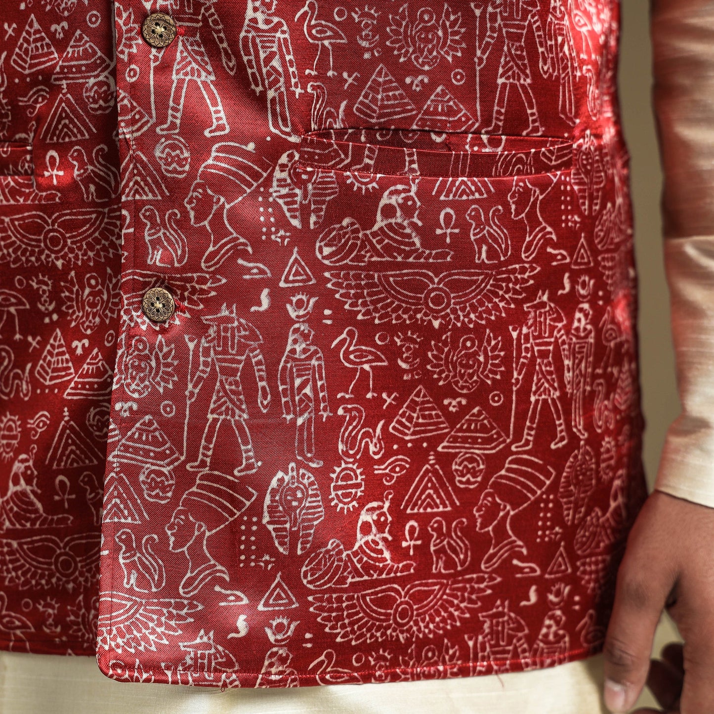 Maroon - hand printed mashru silk nehru jacket - handcrafted