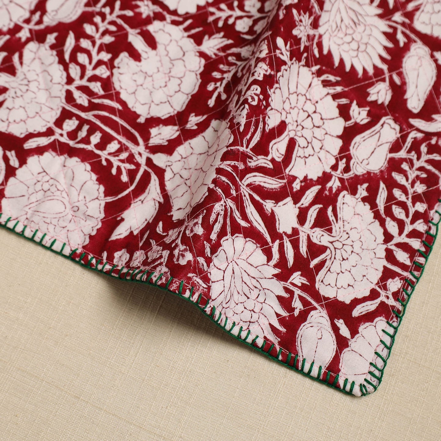 Maroon Hand Embroidered Floral Cotton Reversible Table Mat
