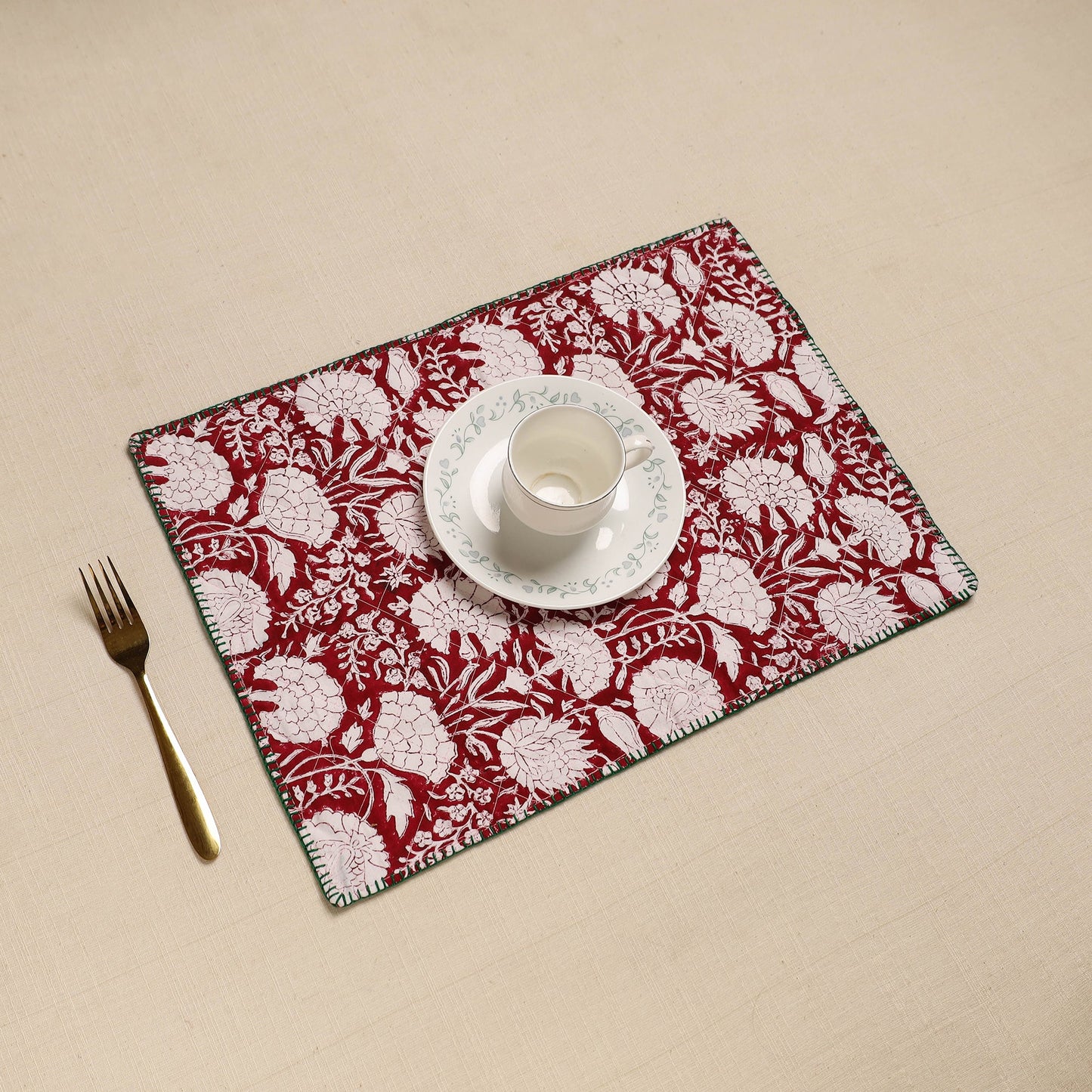 Maroon Hand Embroidered Floral Cotton Reversible Table Mat