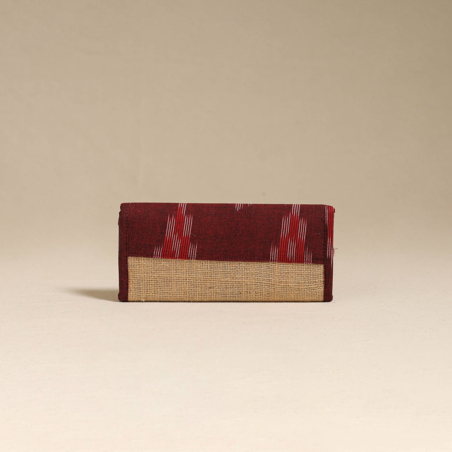 Maroon - handcrafted ikat fabric jute clutch / wallet