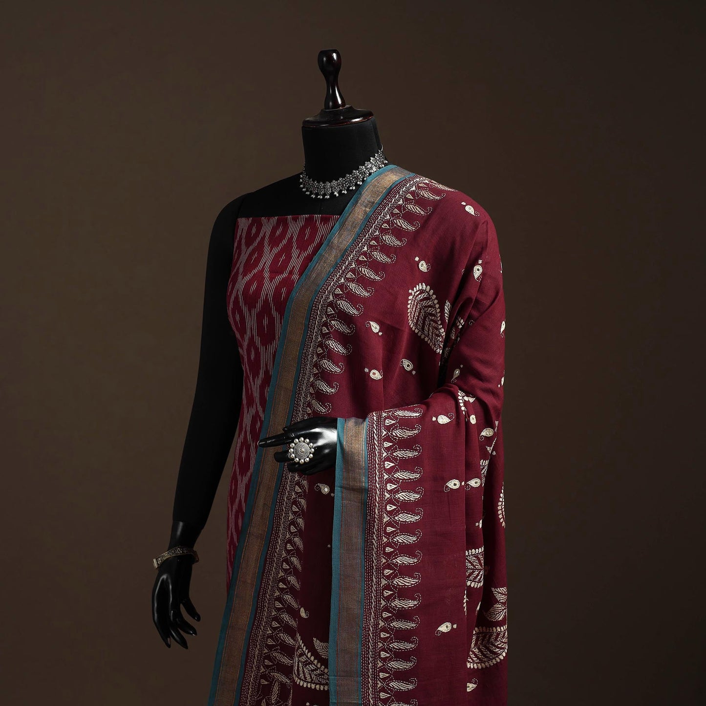 Maroon - handloom cotton bengal hand kantha work dupatta 23