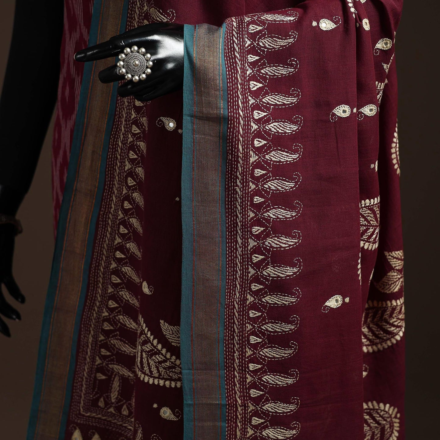 Maroon - handloom cotton bengal hand kantha work dupatta 23