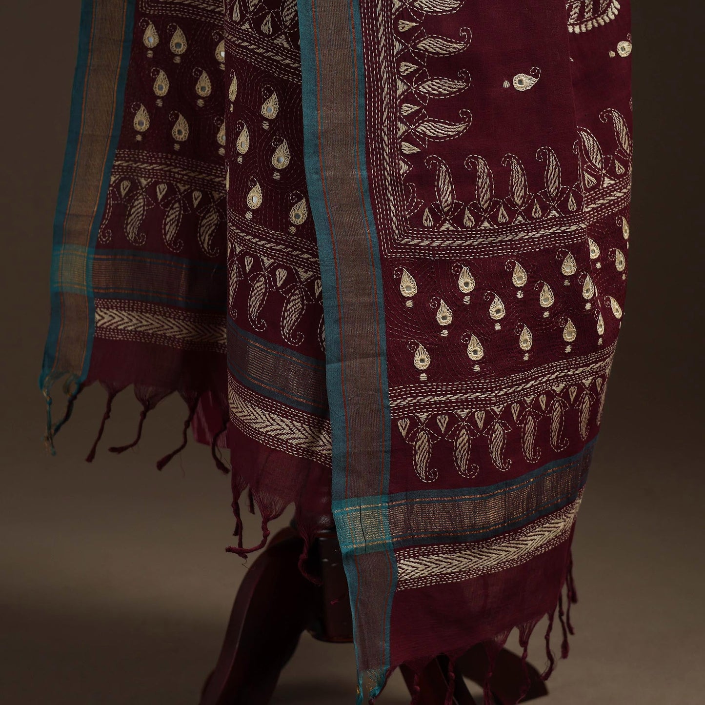 Maroon - handloom cotton bengal hand kantha work dupatta 23