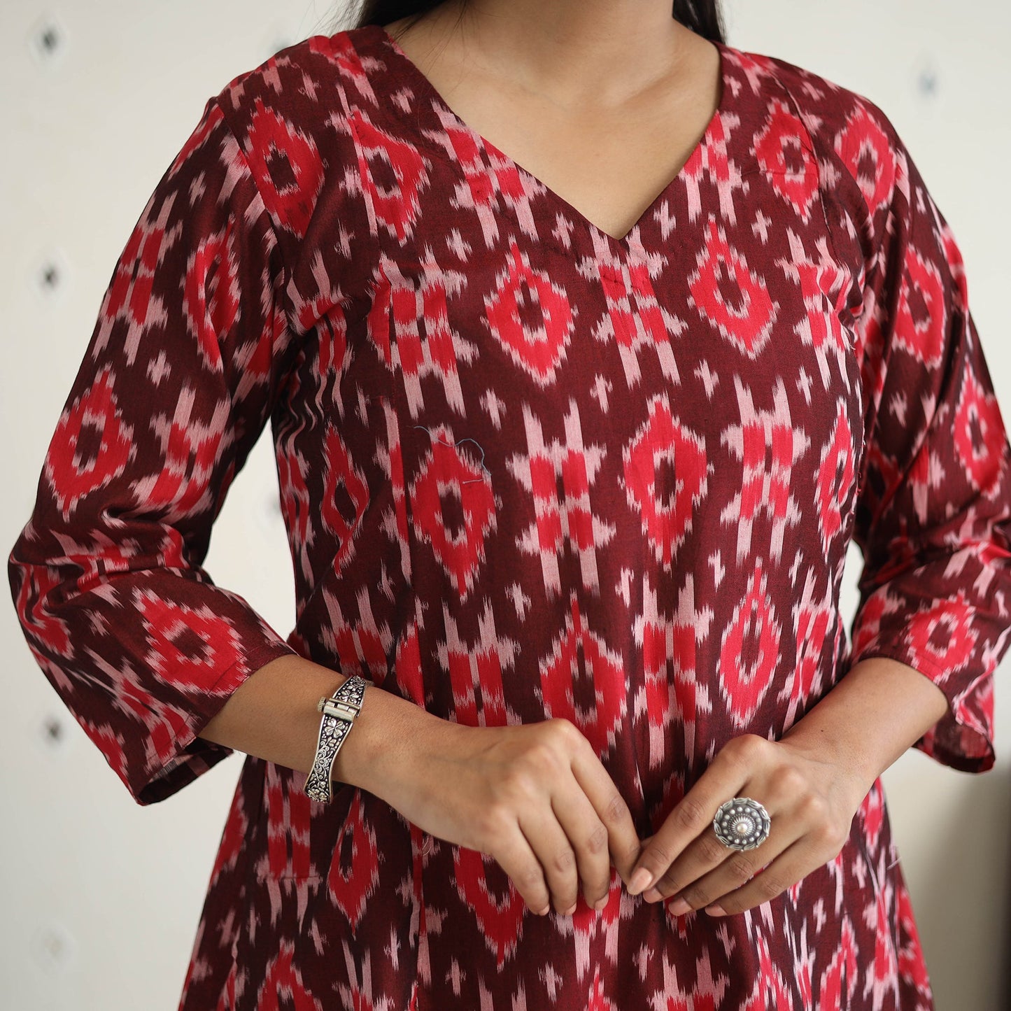 Maroon Handloom Cotton Pochampally Ikat Kurta Set (Set of 3)