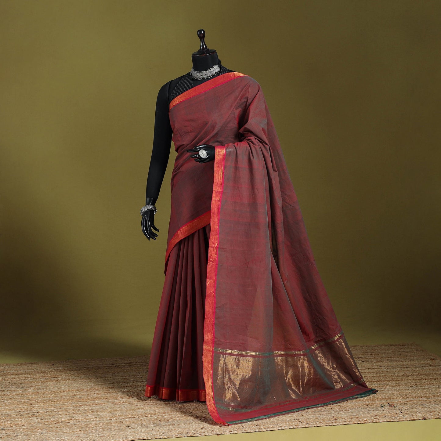 Maroon - handloom cotton zari border mangalagiri saree 07