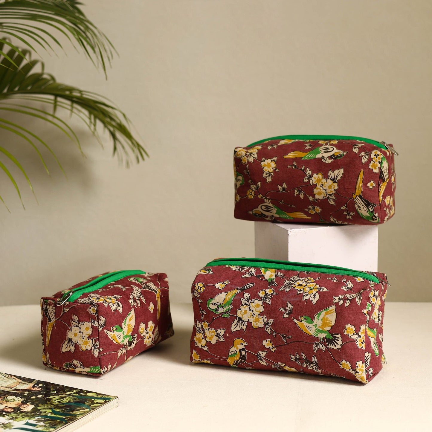 Maroon Handmade Cotton Toiletry Bags (Set of 3)