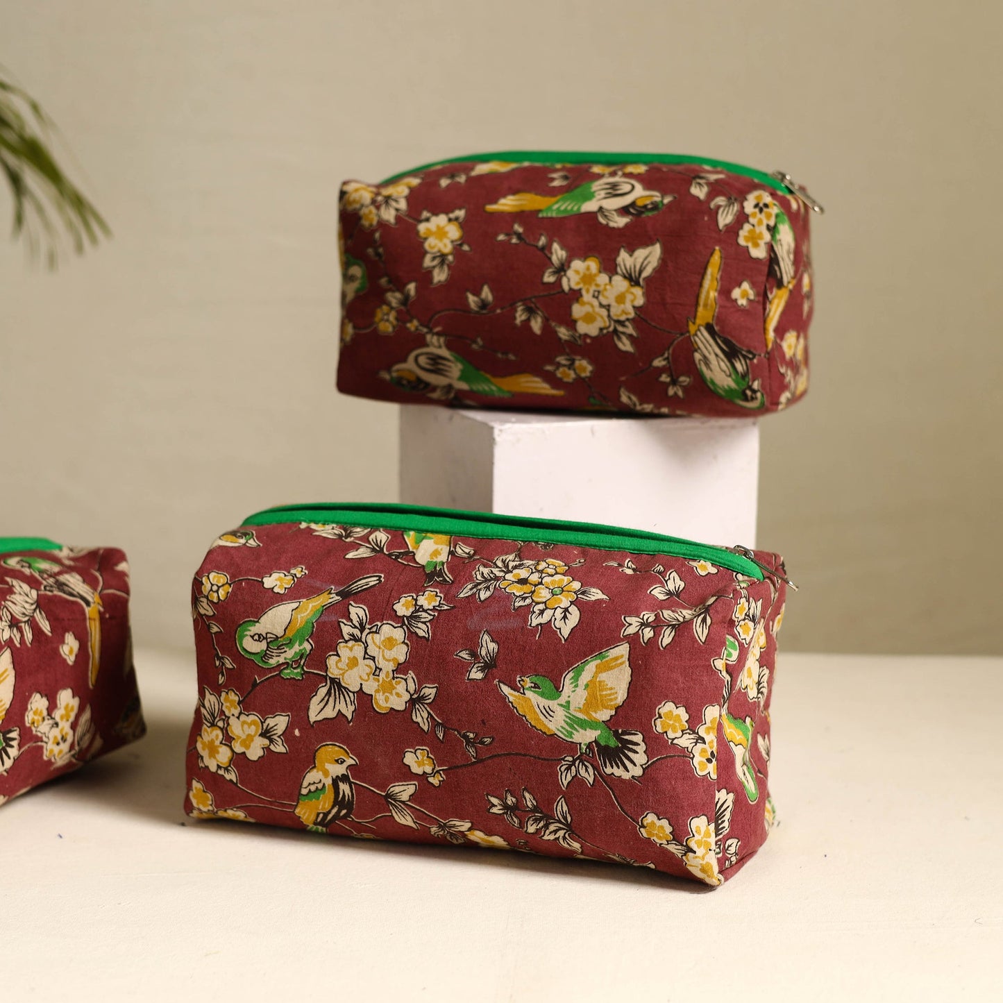 Maroon Handmade Cotton Toiletry Bags (Set of 3)