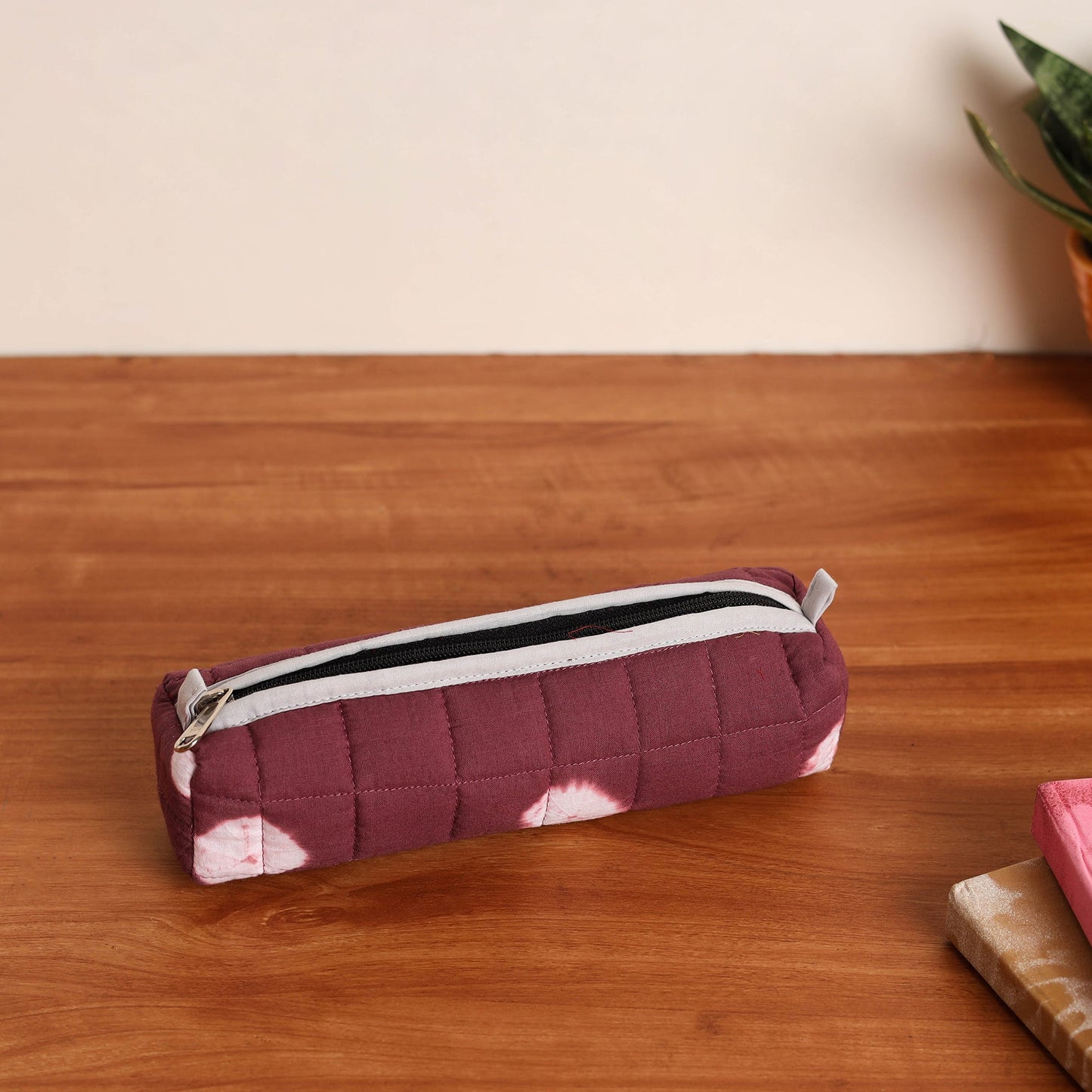 Maroon Handmade Quilted Cotton Pencil Pouch