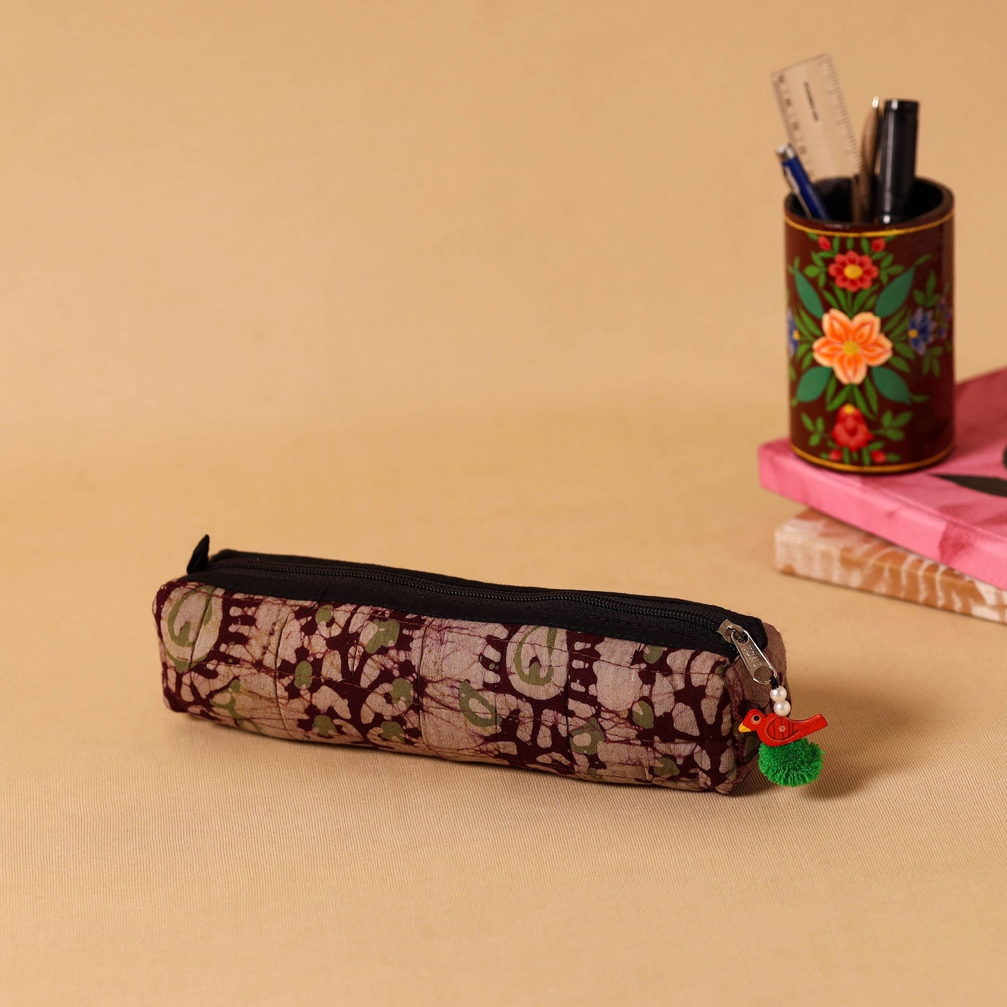 Maroon Handmade Quilted Cotton Pencil Pouch