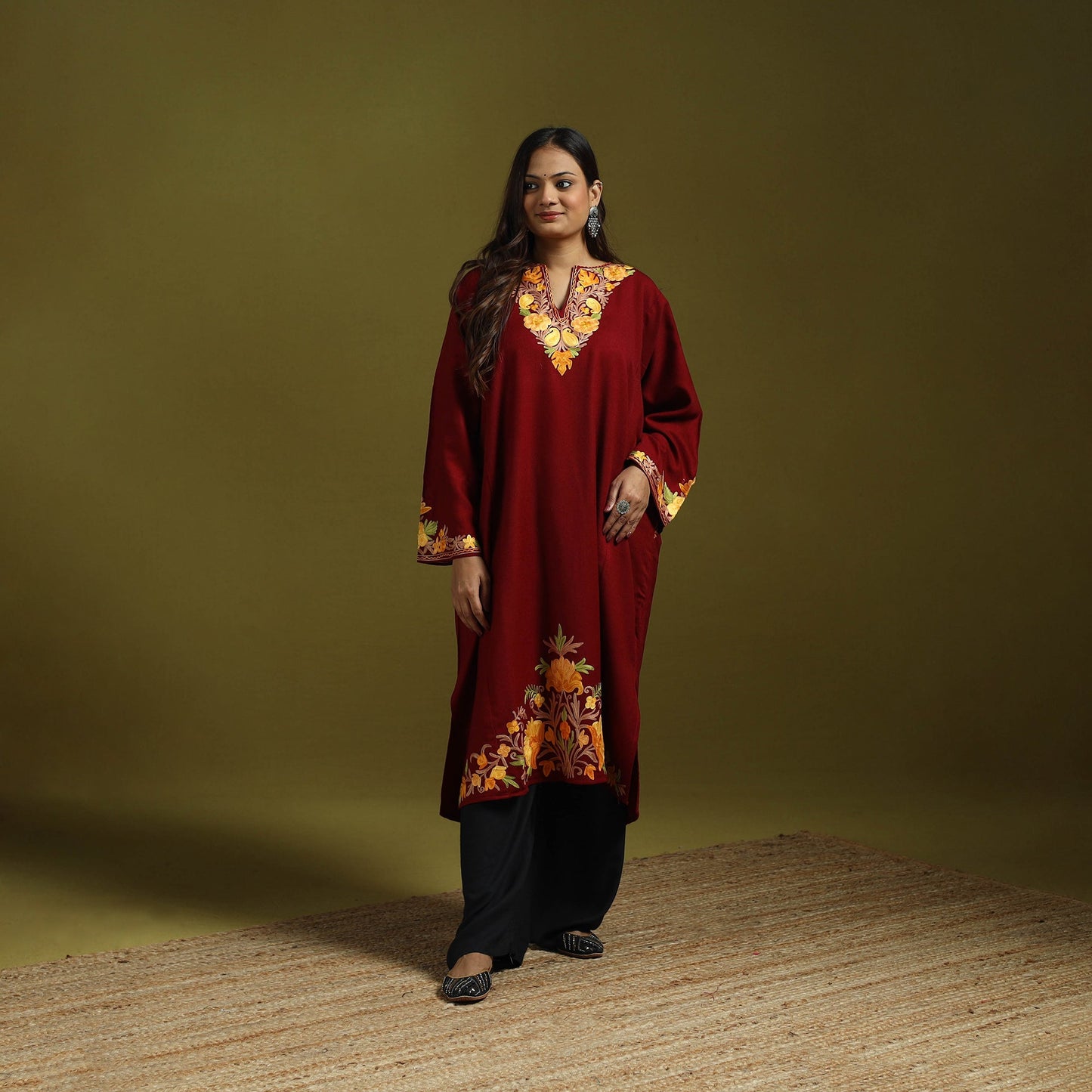 Maroon - handwoven aari embroidered kashmiri merino wool