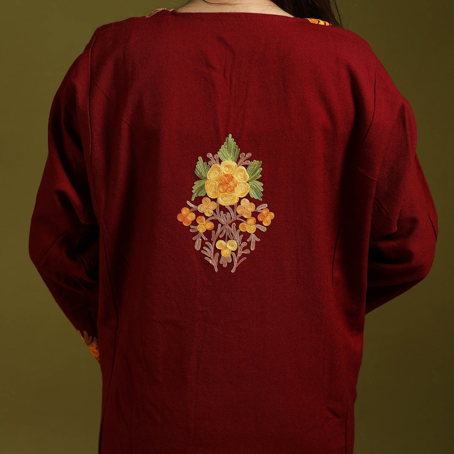 Maroon - handwoven aari embroidered kashmiri merino wool