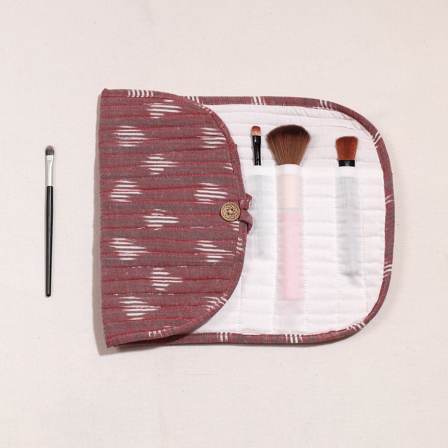 Ikat Fabric Multipurpose Segmented Make-up Brush Wrap Pouch/Case