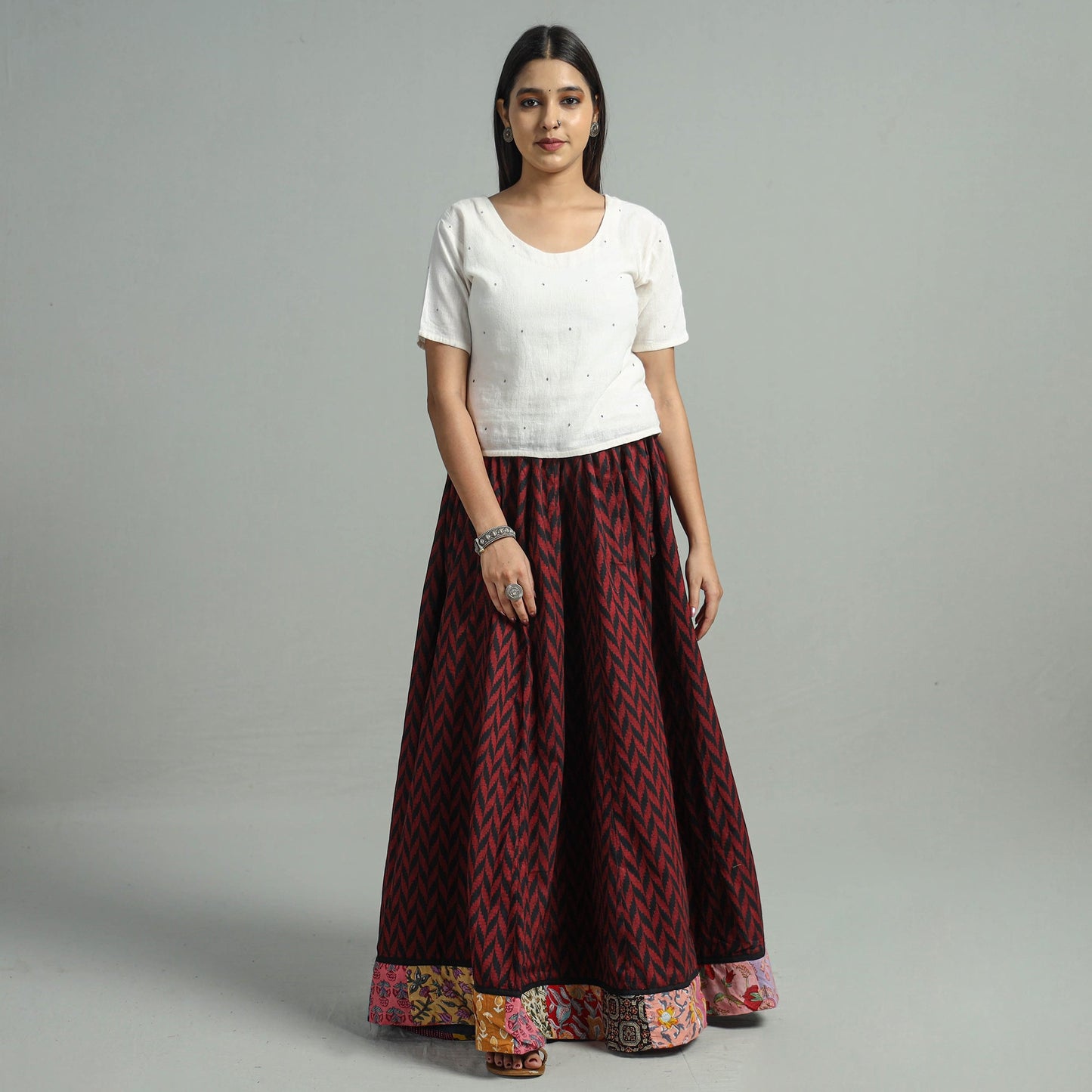 Maroon Jacquard Patchwork 24 Kali Cotton Long Skirt