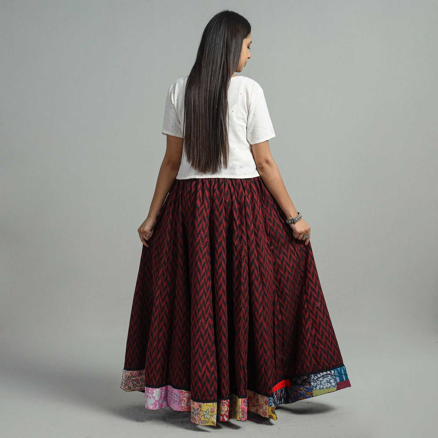 Maroon Jacquard Patchwork 24 Kali Cotton Long Skirt