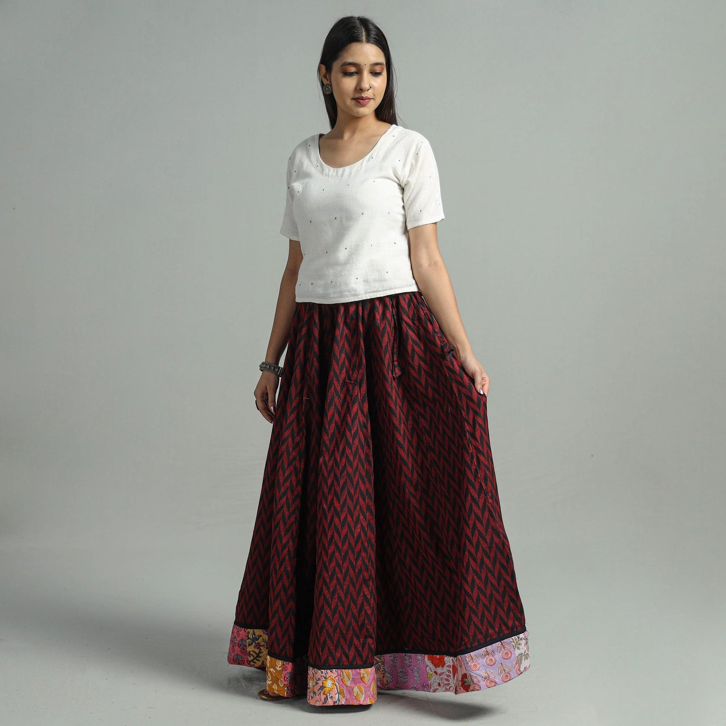 Maroon Jacquard Patchwork 24 Kali Cotton Long Skirt