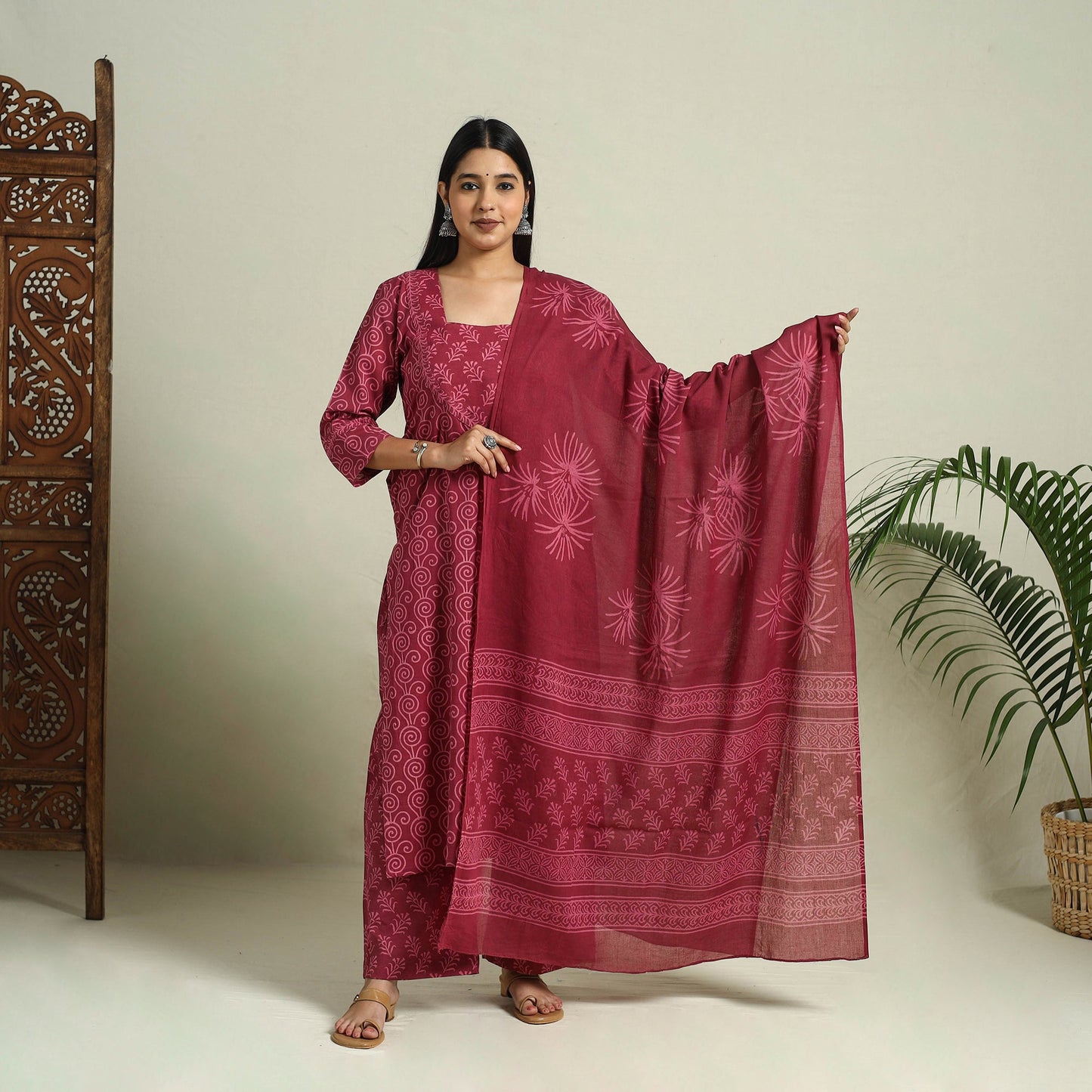 Maroon Jaipur Print Cotton Kurta Set