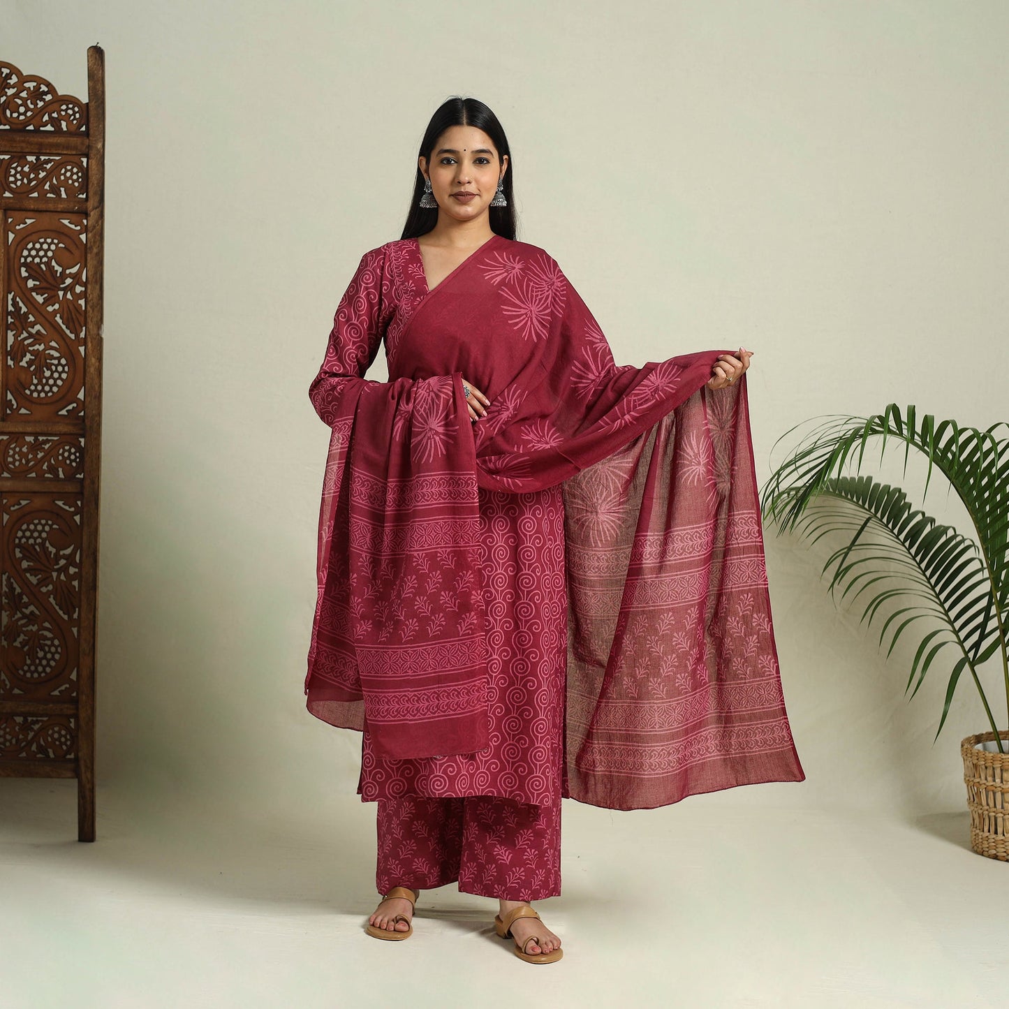 Maroon Jaipur Print Cotton Kurta Set