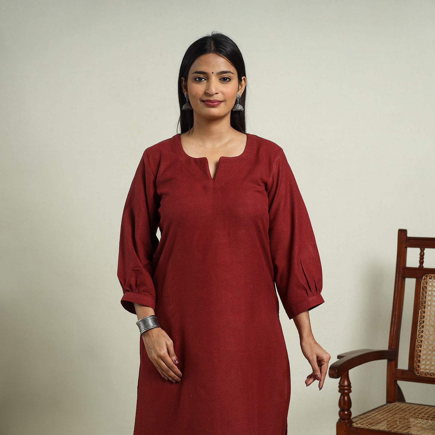 Maroon Jhiri Handloom Straight Cotton Kurta for Women