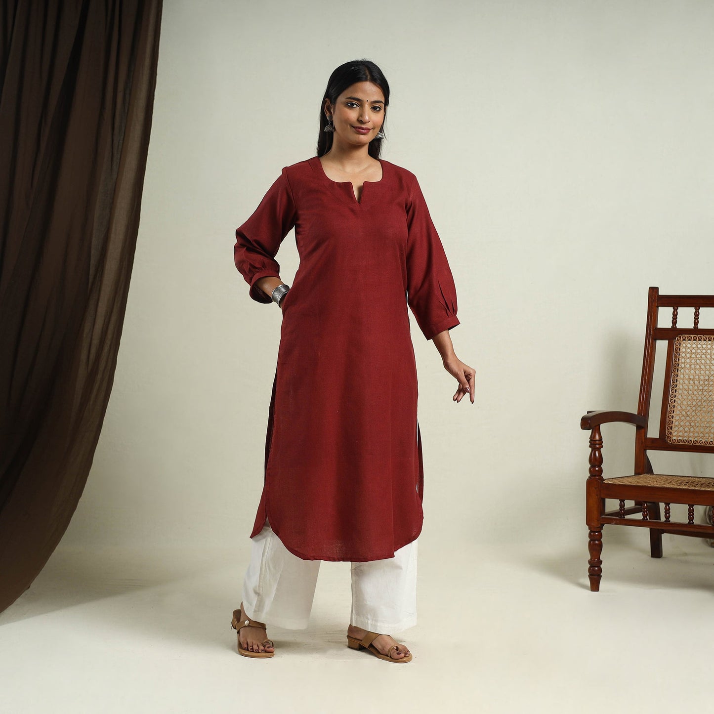 Maroon Jhiri Handloom Straight Cotton Kurta for Women