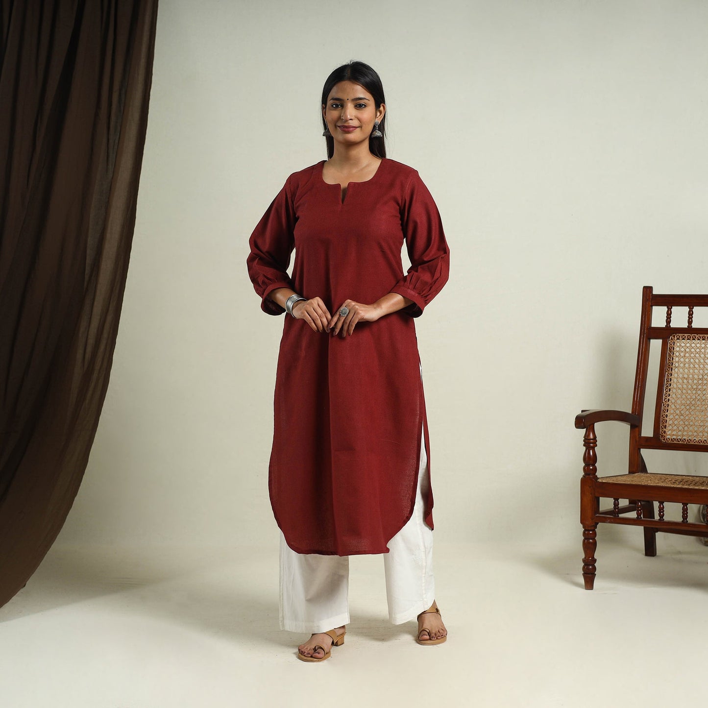Maroon Jhiri Handloom Straight Cotton Kurta for Women