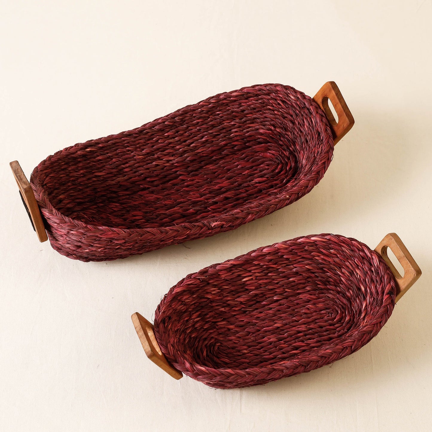 Maroon Kadam Haat Handmade Sabai Grass Bread Basket (Red - Set of 2)