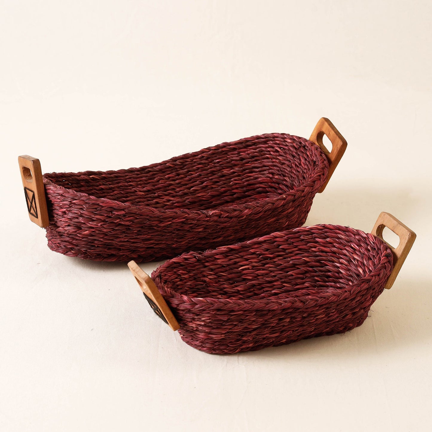 Maroon Kadam Haat Handmade Sabai Grass Bread Basket (Red - Set of 2)