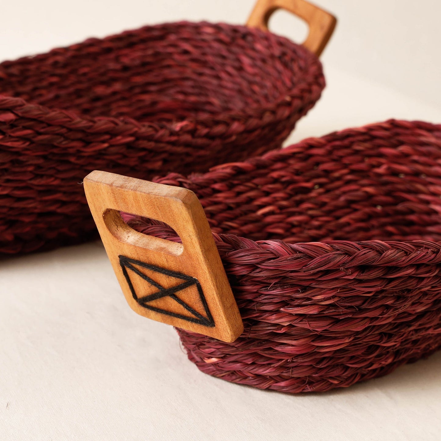 Maroon Kadam Haat Handmade Sabai Grass Bread Basket (Red - Set of 2)