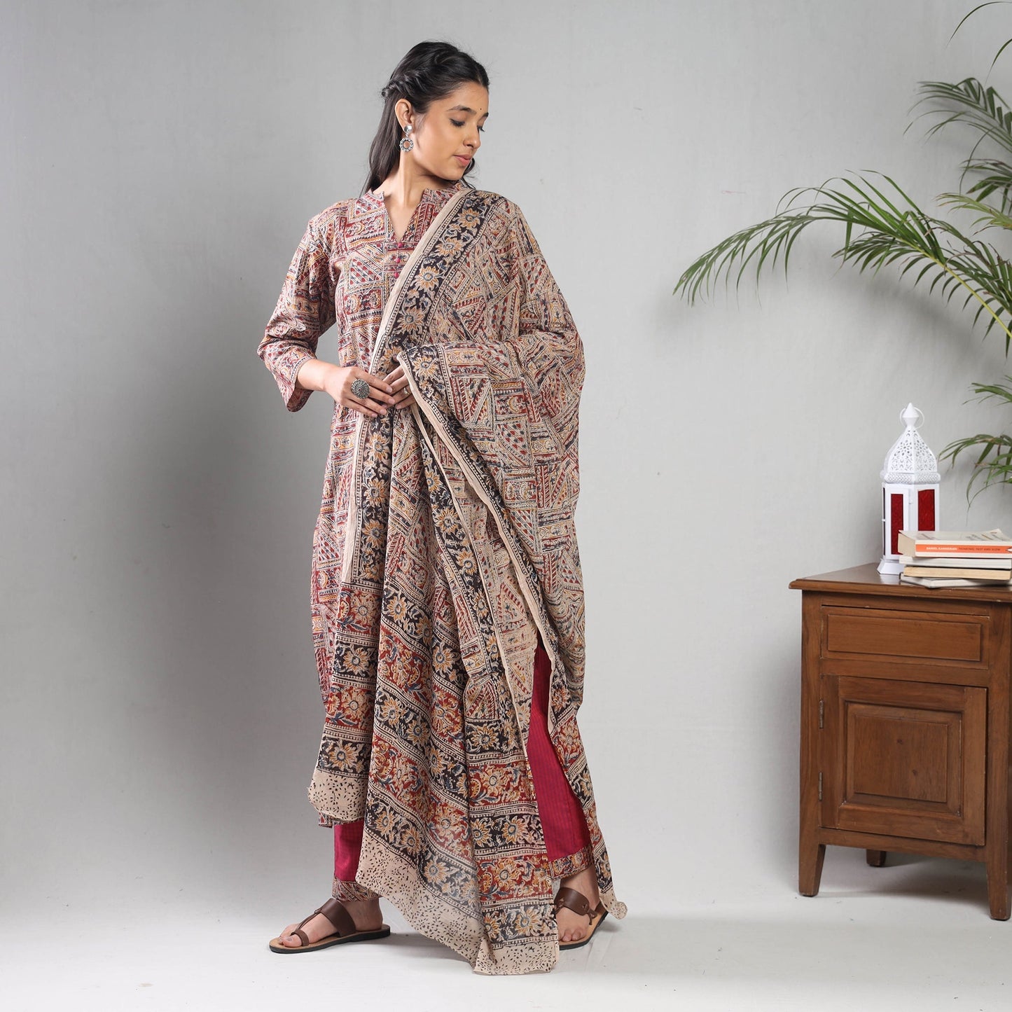 Maroon - kalamkari printing cotton kurta with palazzo &