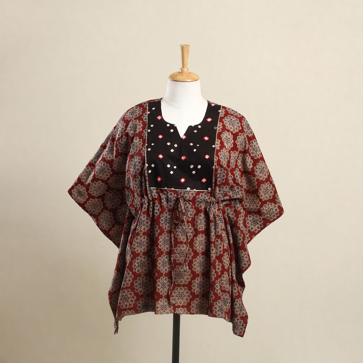 Buy Maroon Kalamkari Mosaic Fusion Cotton Kaftan