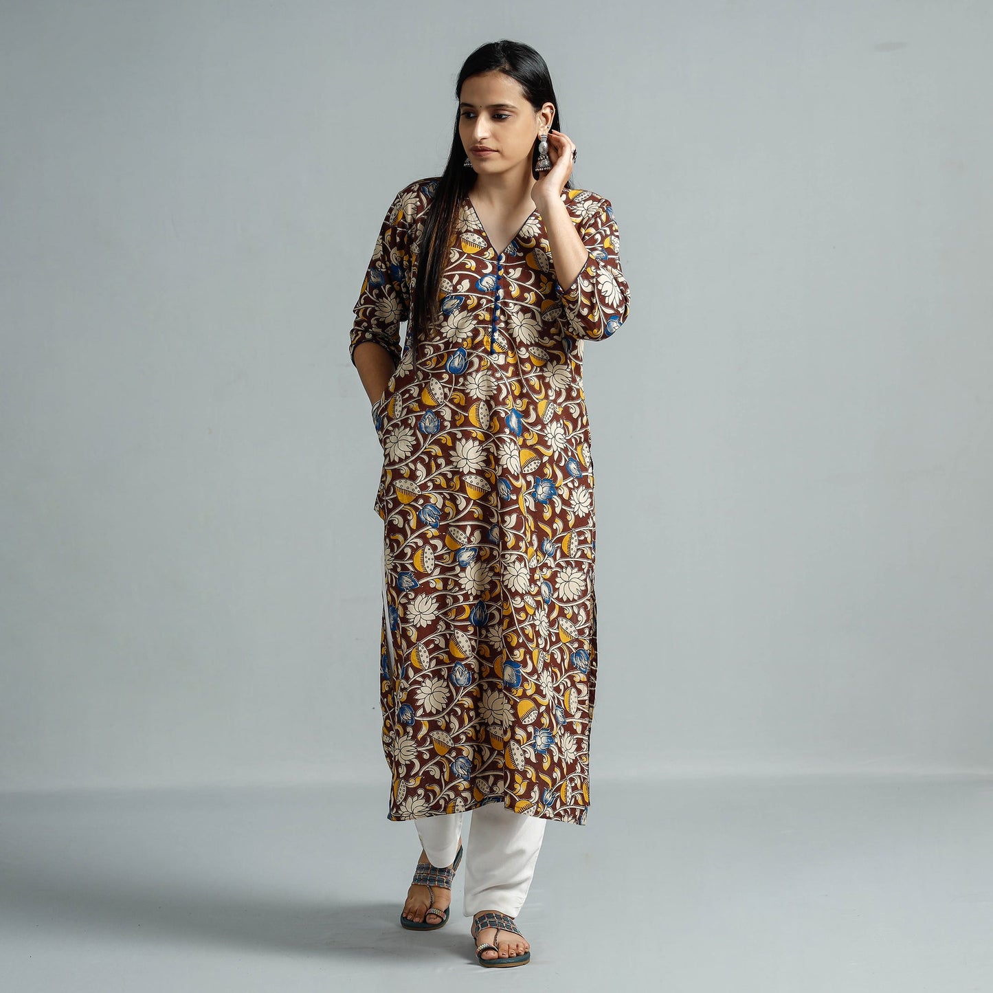 Kalamkari Printed Cotton Straight Kurta For Women