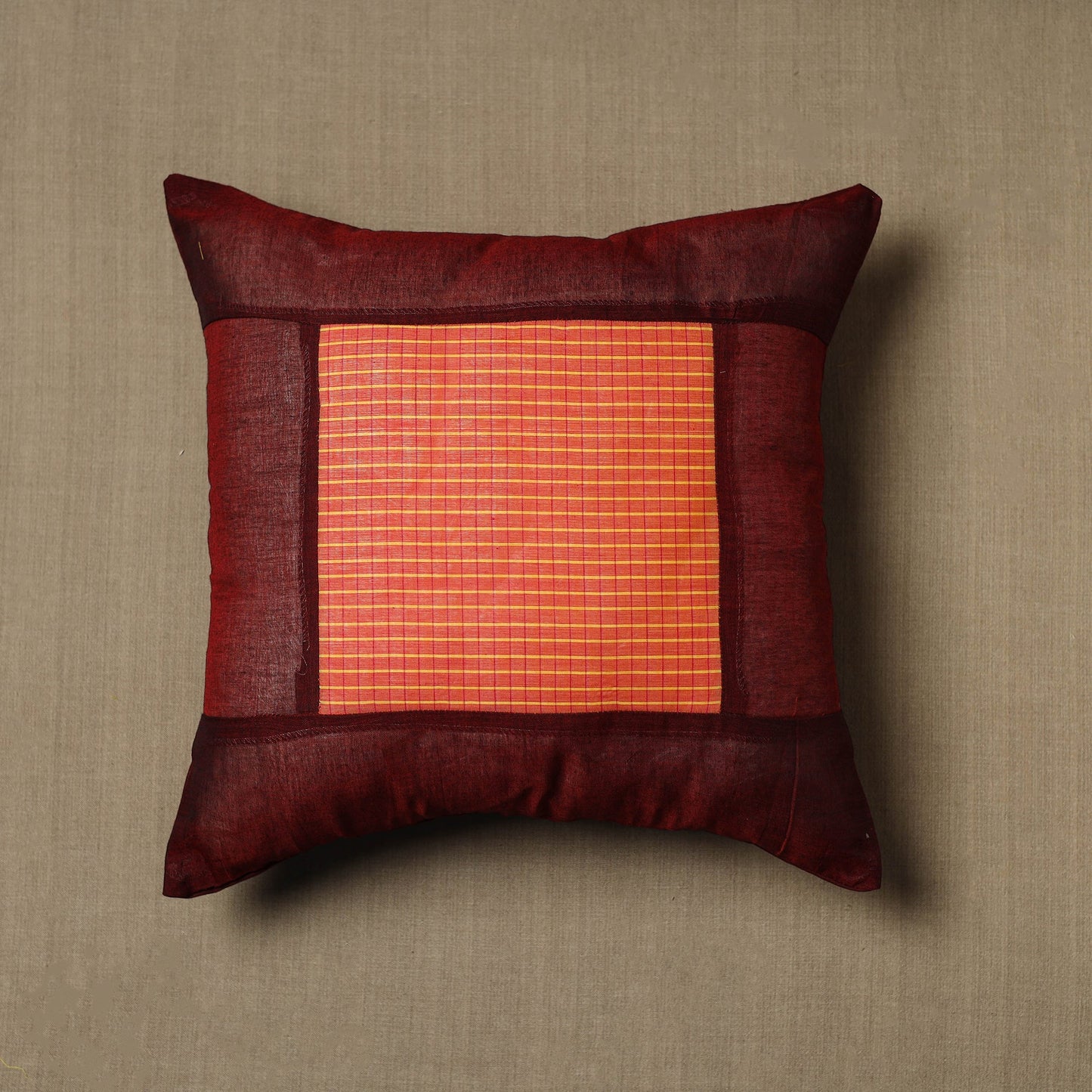 Maroon - Kanchipuram Patchwork Cotton Cushion Cover 19