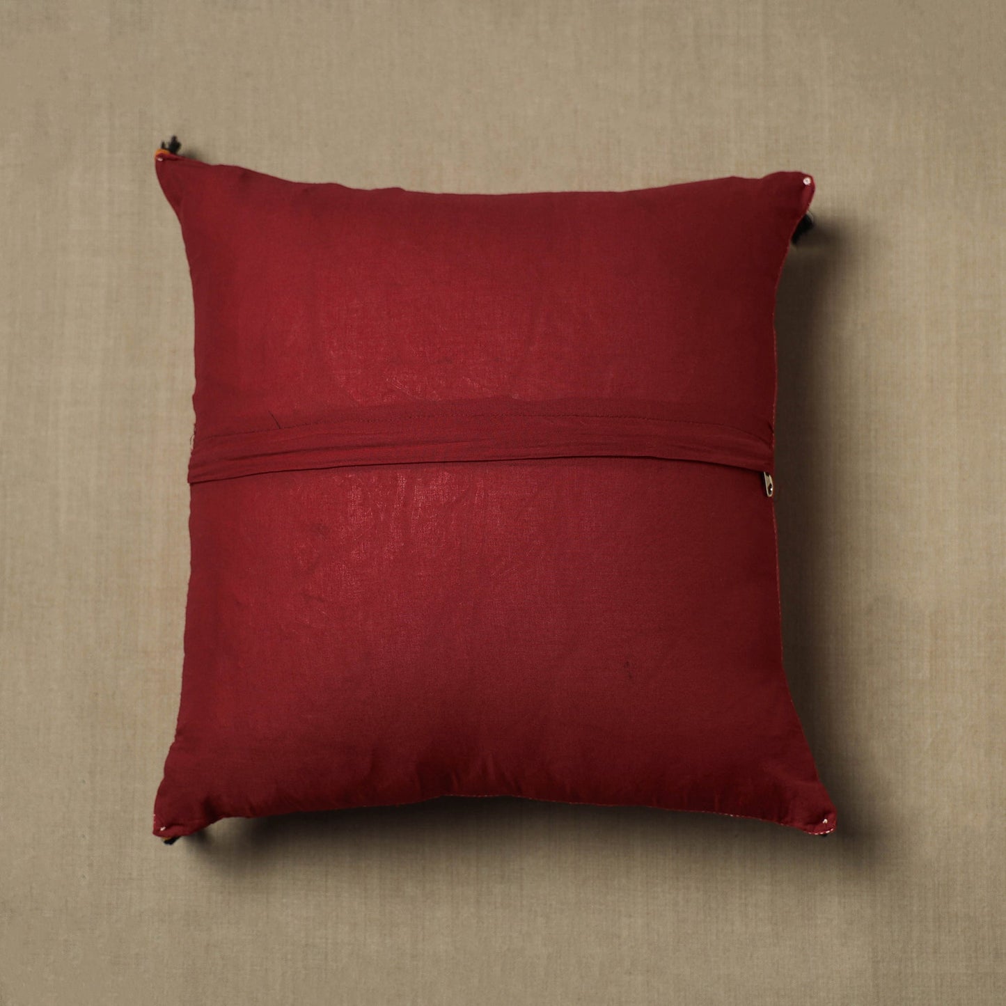 Maroon Kantha Stitch Ikat Cotton Cushion Cover (16 x 16 in) 02