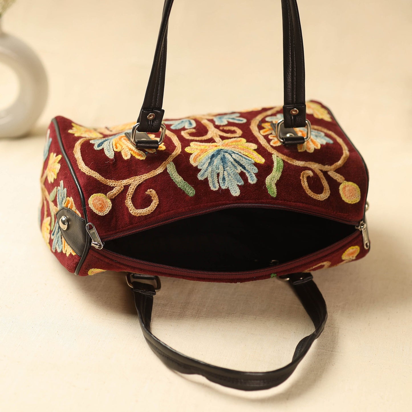 Maroon Kashmiri Crewel Hand Embroidery Handbag