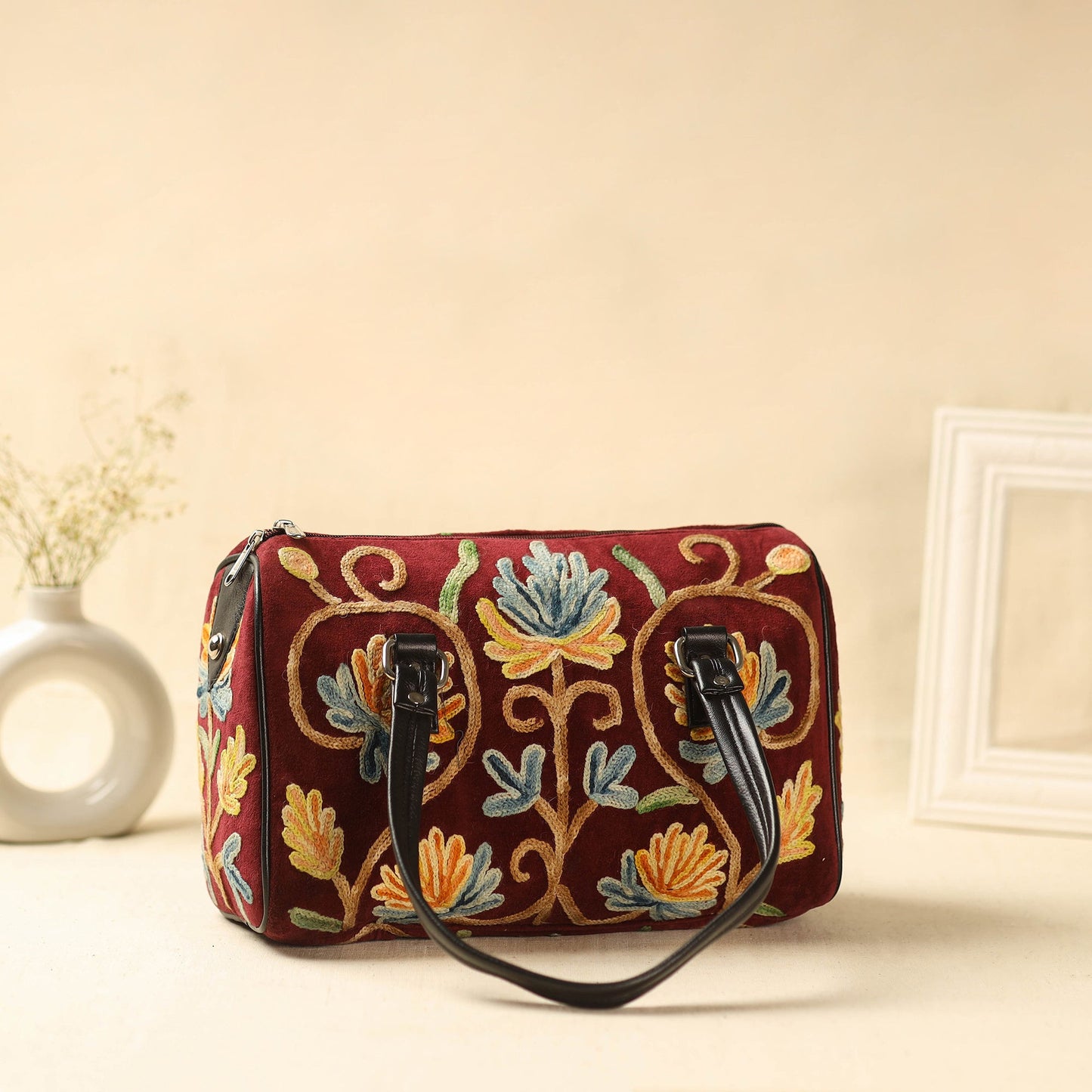 Maroon Kashmiri Crewel Hand Embroidery Handbag