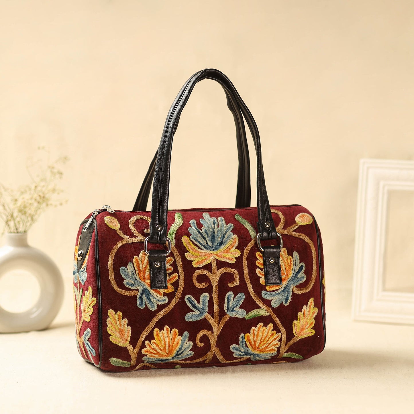 Maroon Kashmiri Crewel Hand Embroidery Handbag
