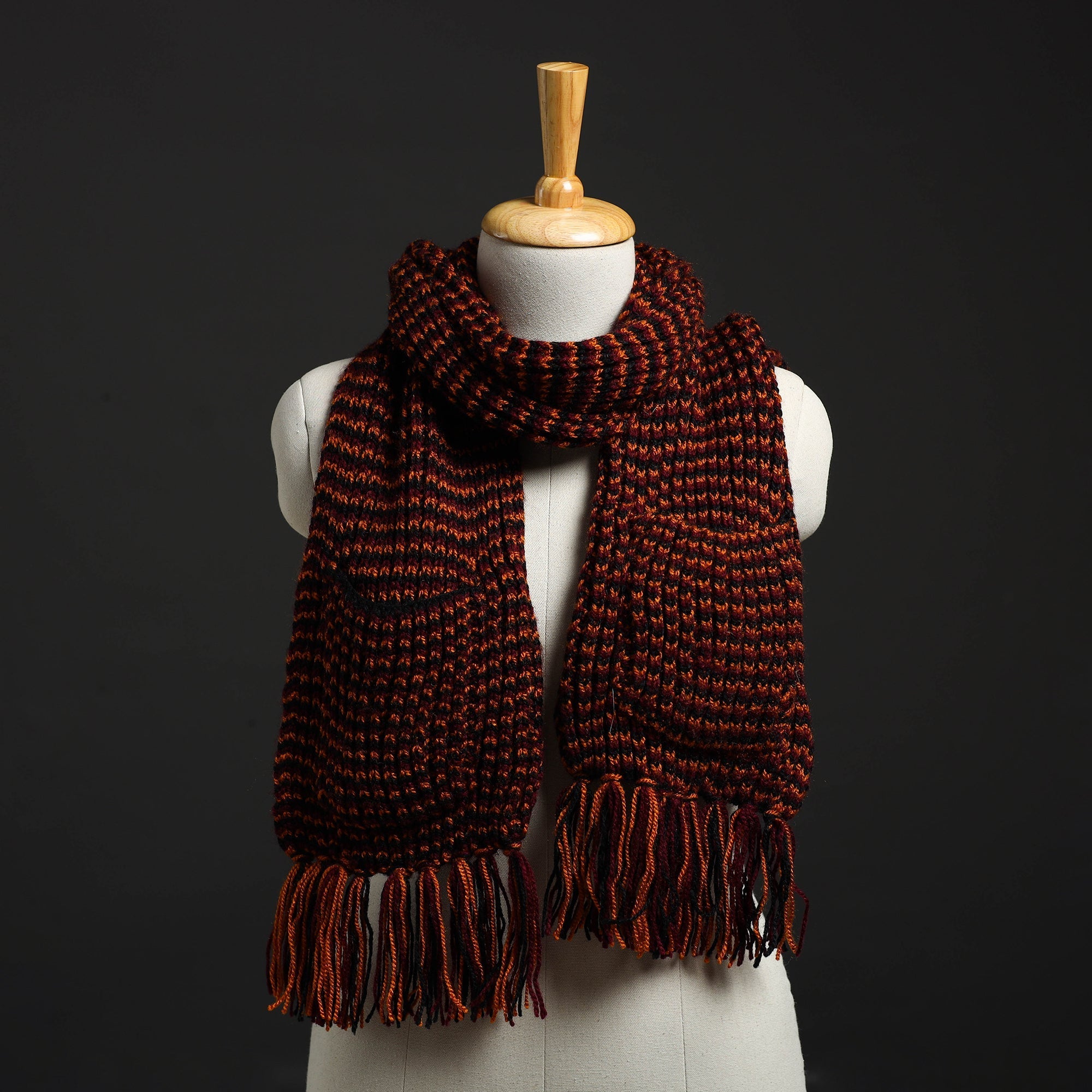 Maroon Kumaun Hand Knitted Acrylic Woolen Muffler with Pockets