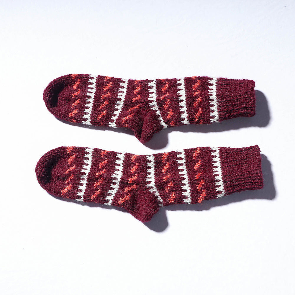Maroon Kumaun Hand Knitted Woolen Socks - Kids