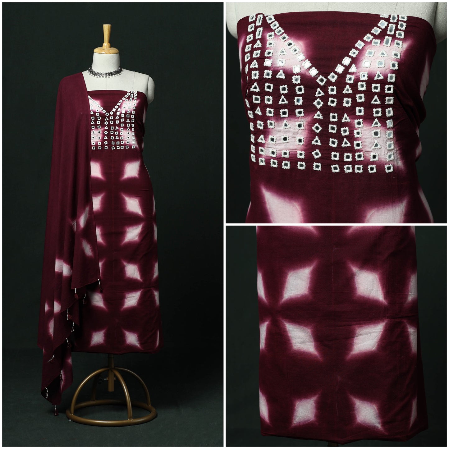 Kutch hand embroidered mirror work clamp dyed cotton