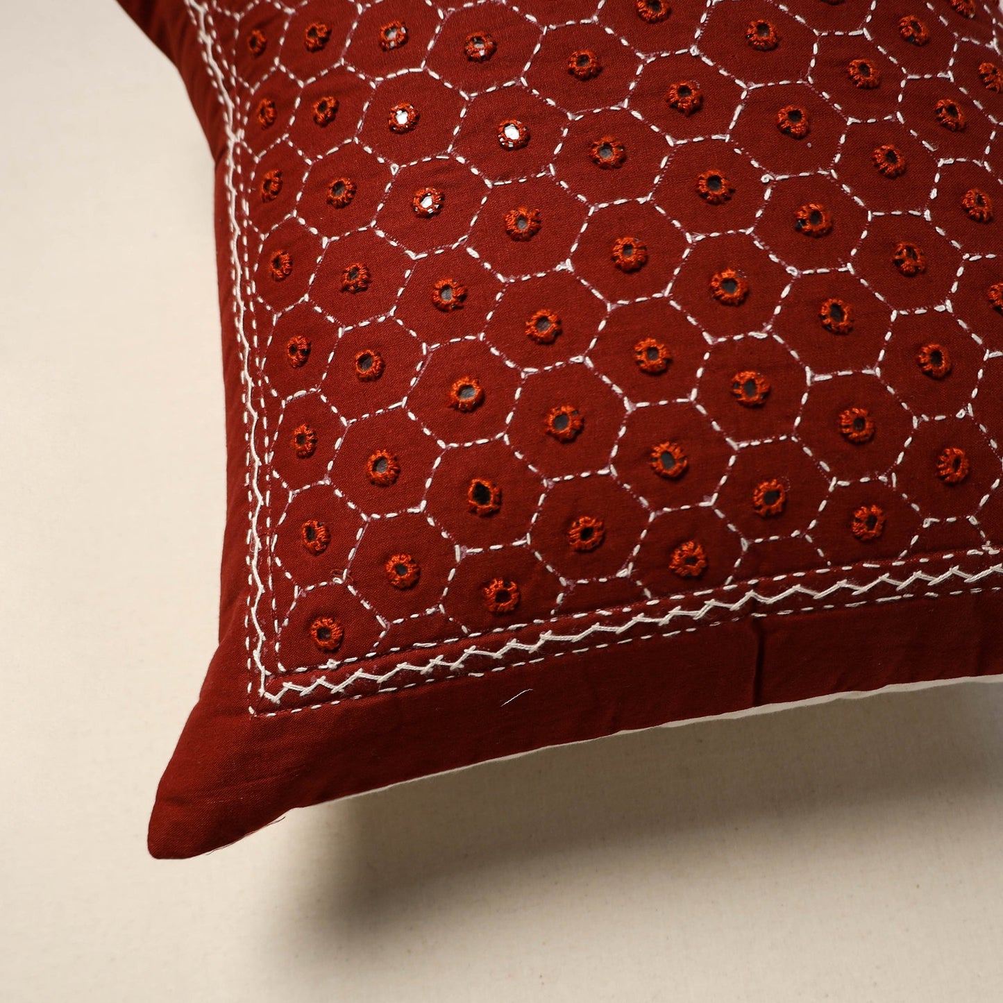 Kutch hand embroidery mirror work quilted cushion cover (16