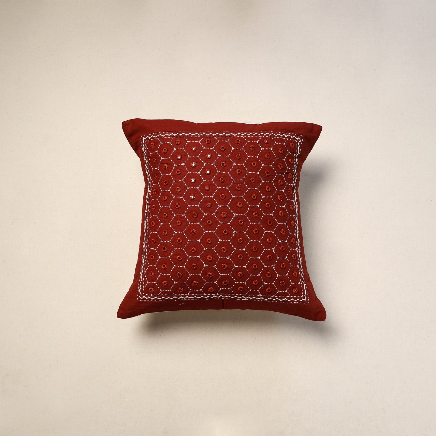 Kutch hand embroidery mirror work quilted cushion cover (16