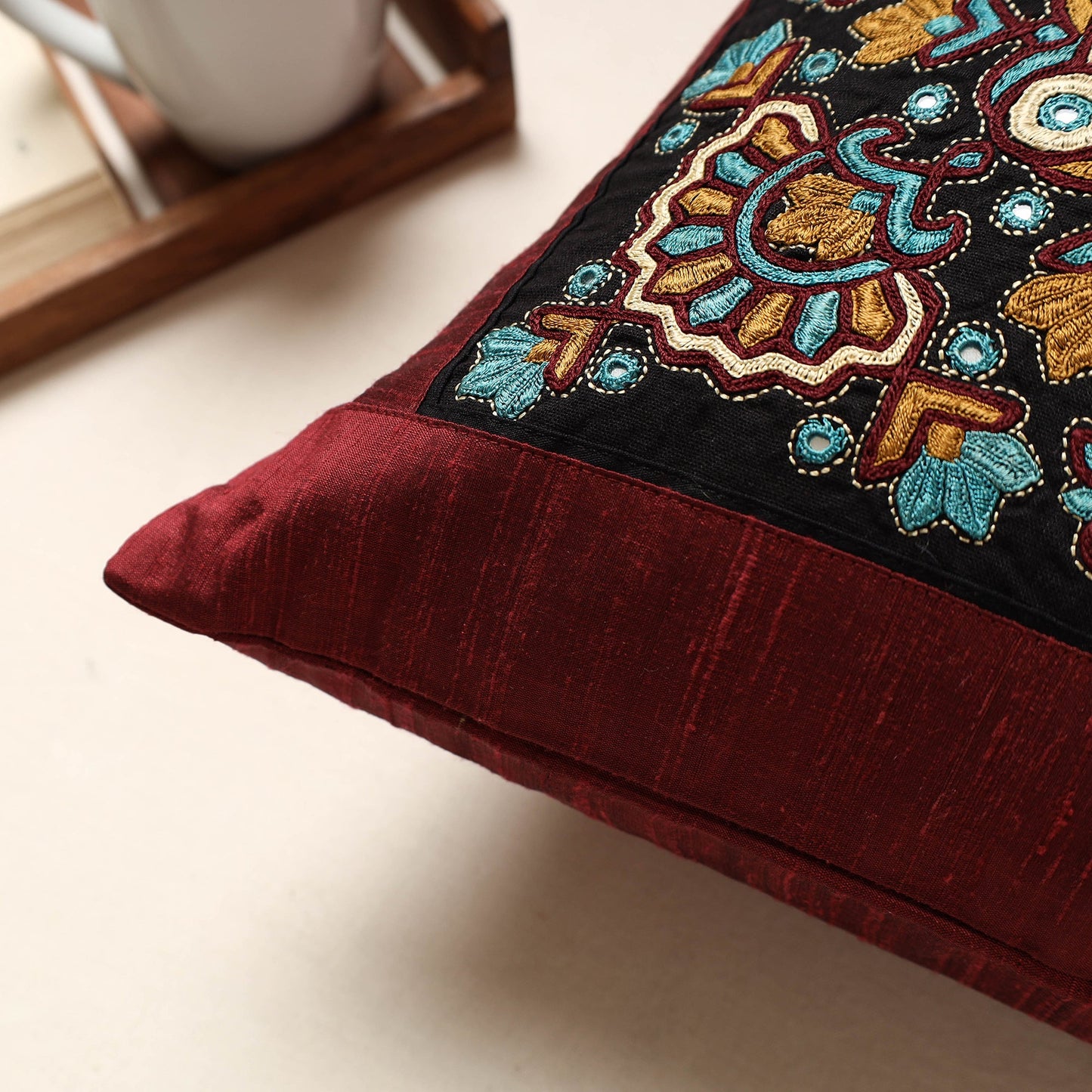 Maroon Kutch Pakko Hand Embroidery Silk Cushion Cover