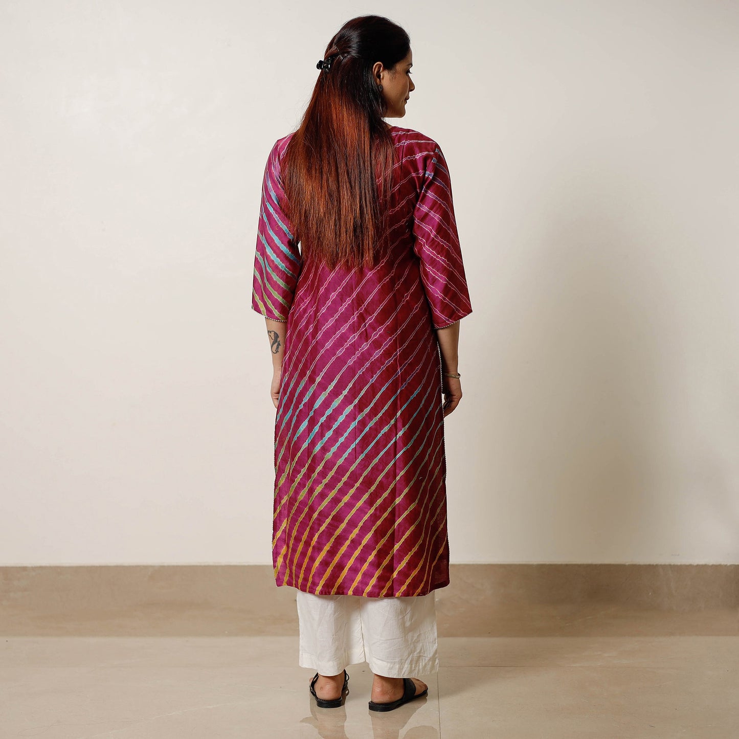 Maroon - leheriya tie-dye chanderi silk long straight kurta
