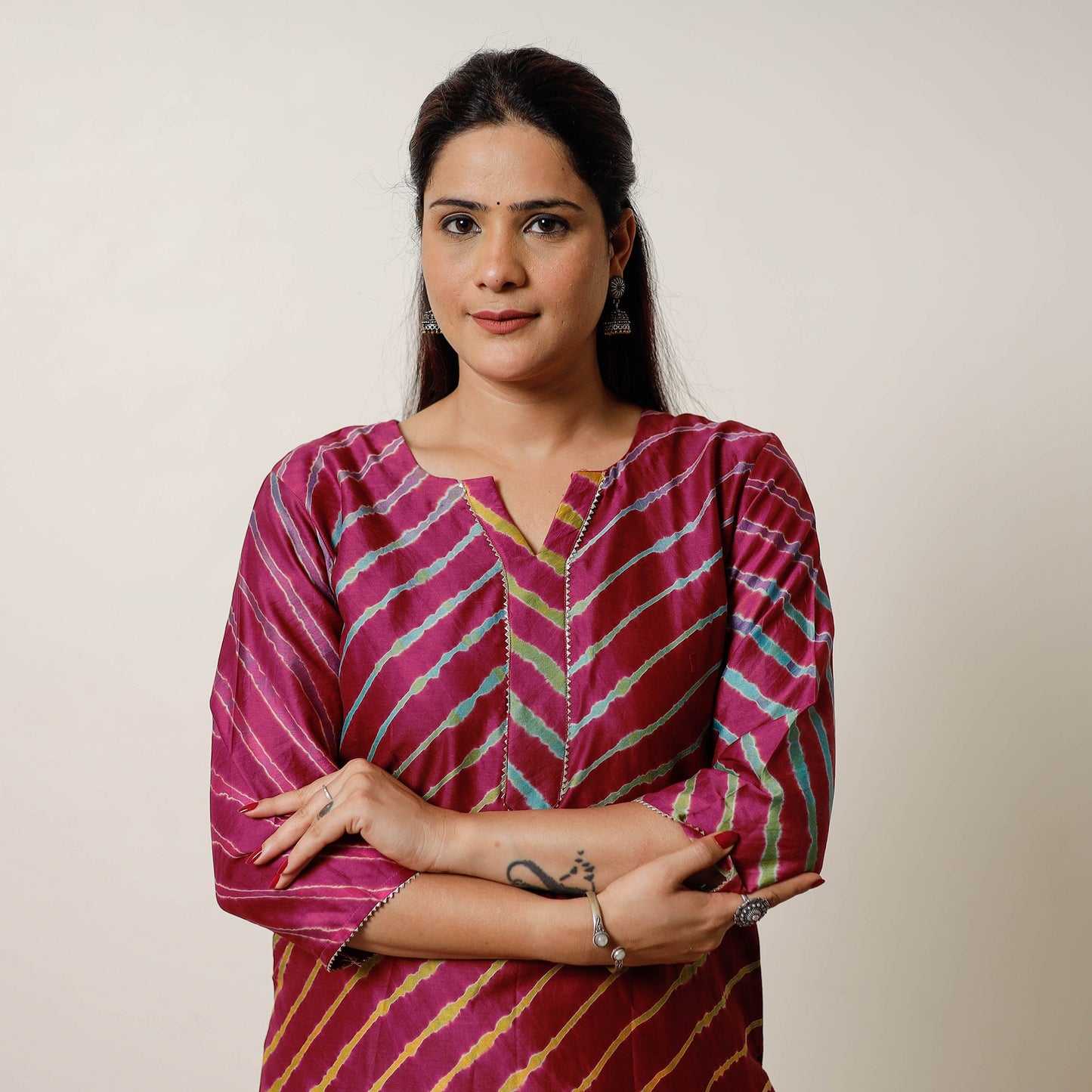 Maroon - leheriya tie-dye chanderi silk long straight kurta