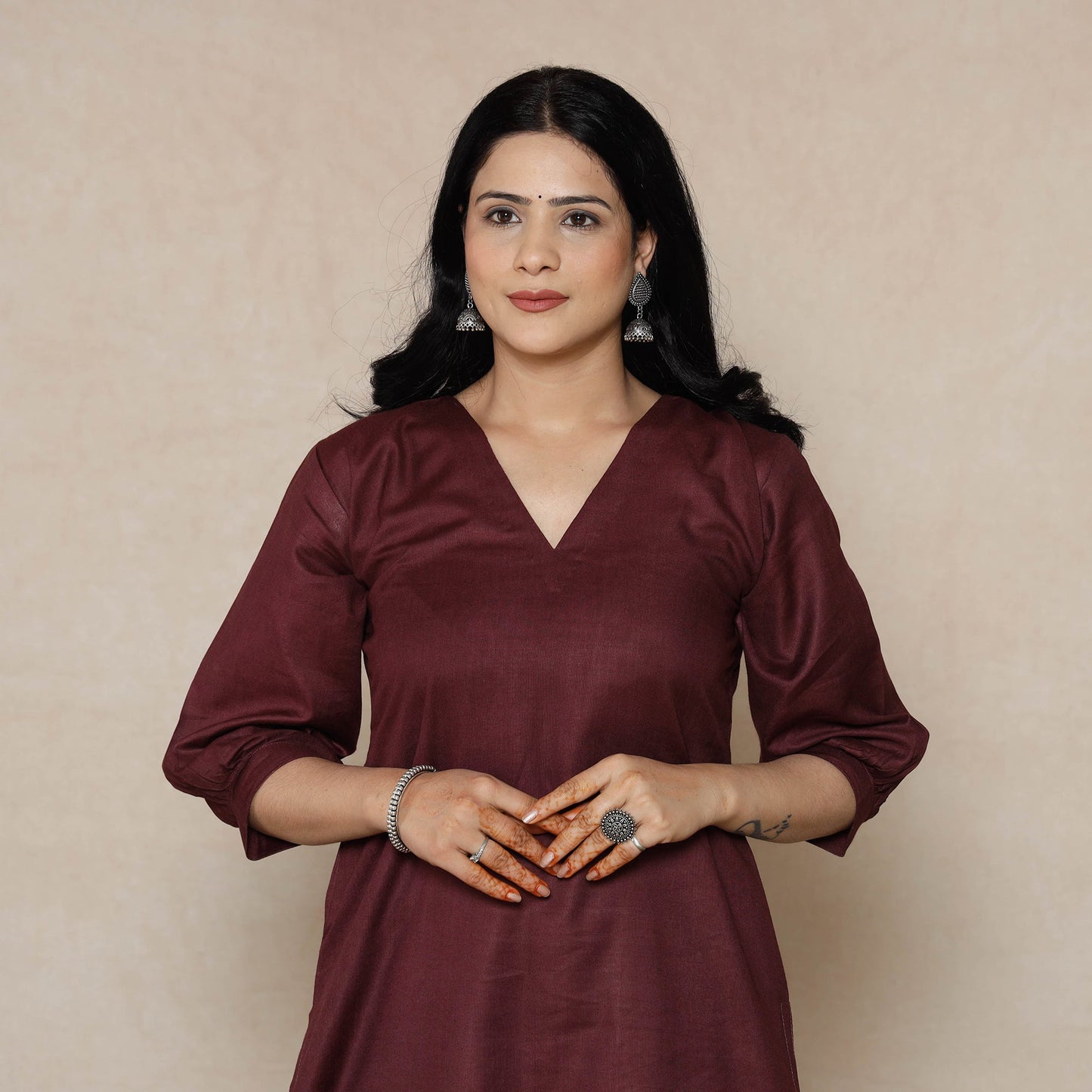 Dark purple Linen Viscose Plain Long Kurta for Women
