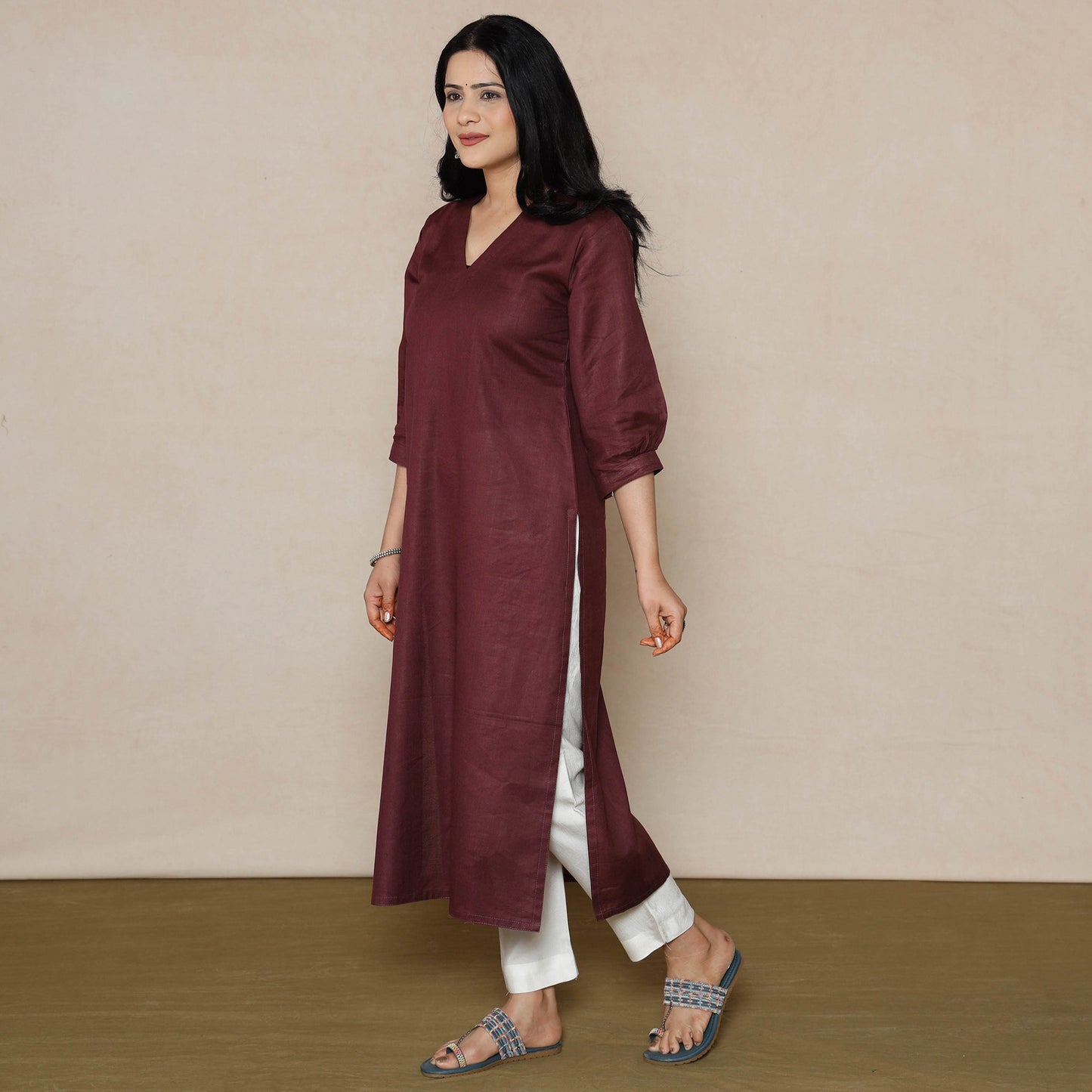 Dark purple Linen Viscose Plain Long Kurta for Women