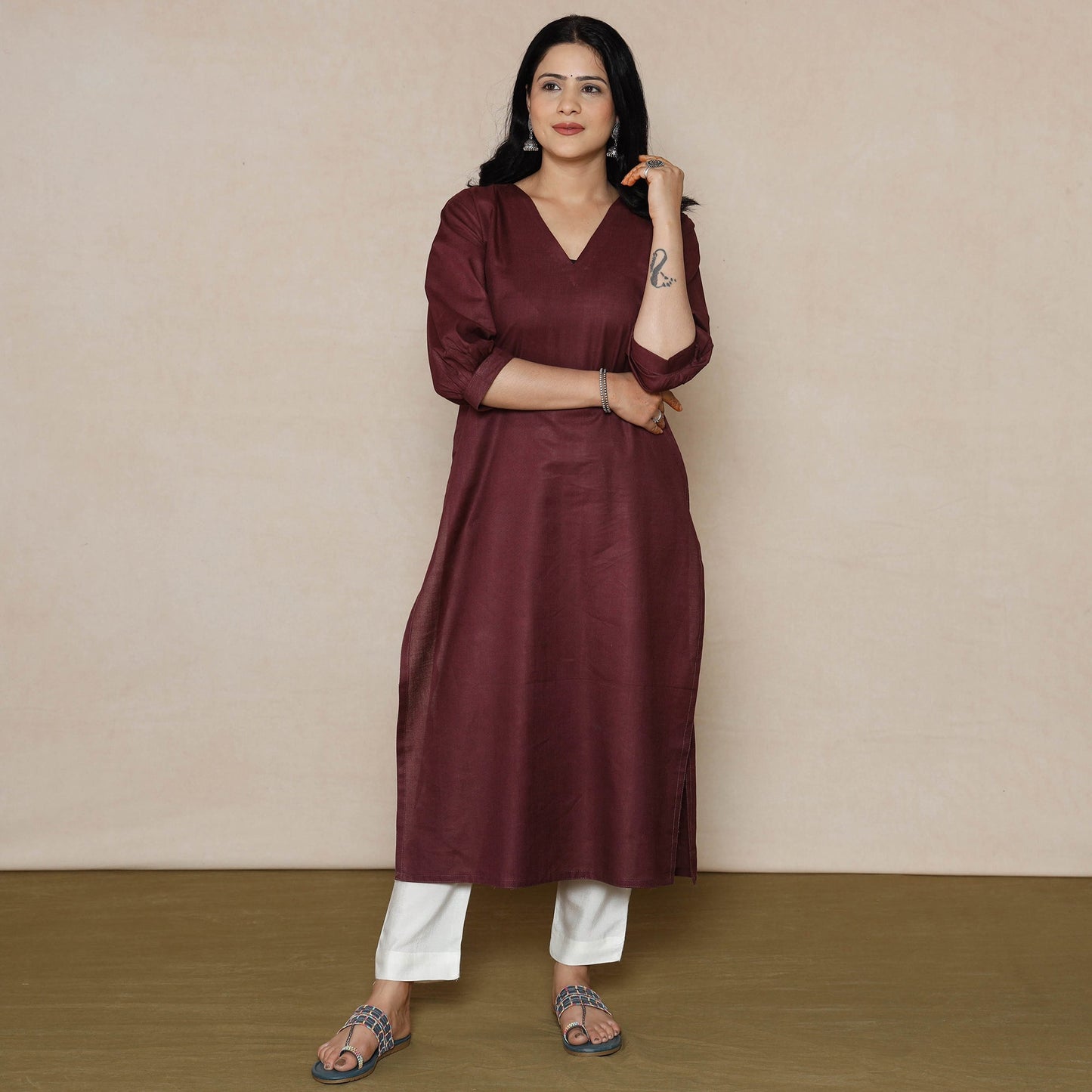 Dark purple Linen Viscose Plain Long Kurta for Women