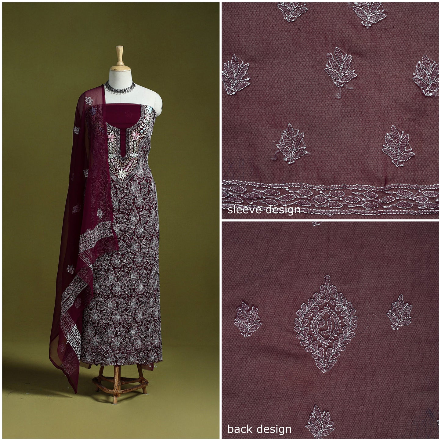 Maroon - lucknowi hand embroidered chikankari georgette 3pc