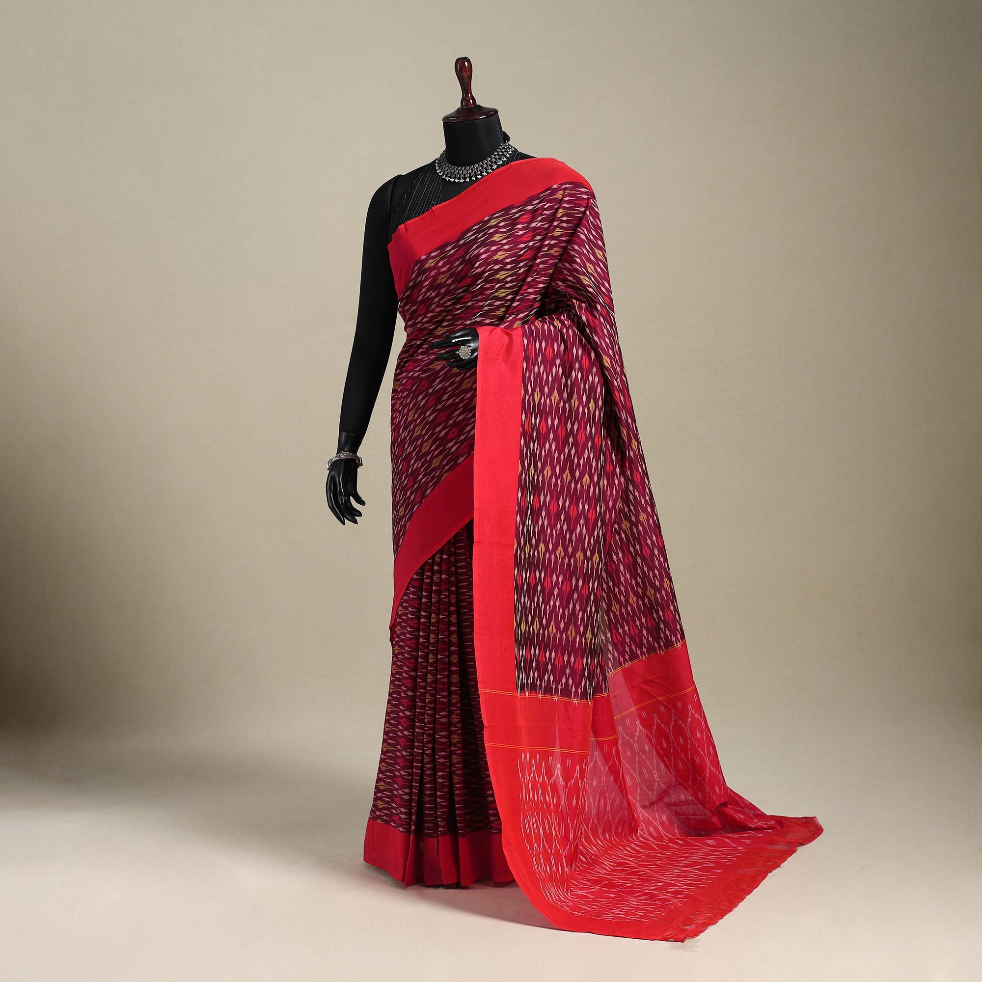 Red - Mercerised Cotton Handloom Pochampally Ikat Saree 34