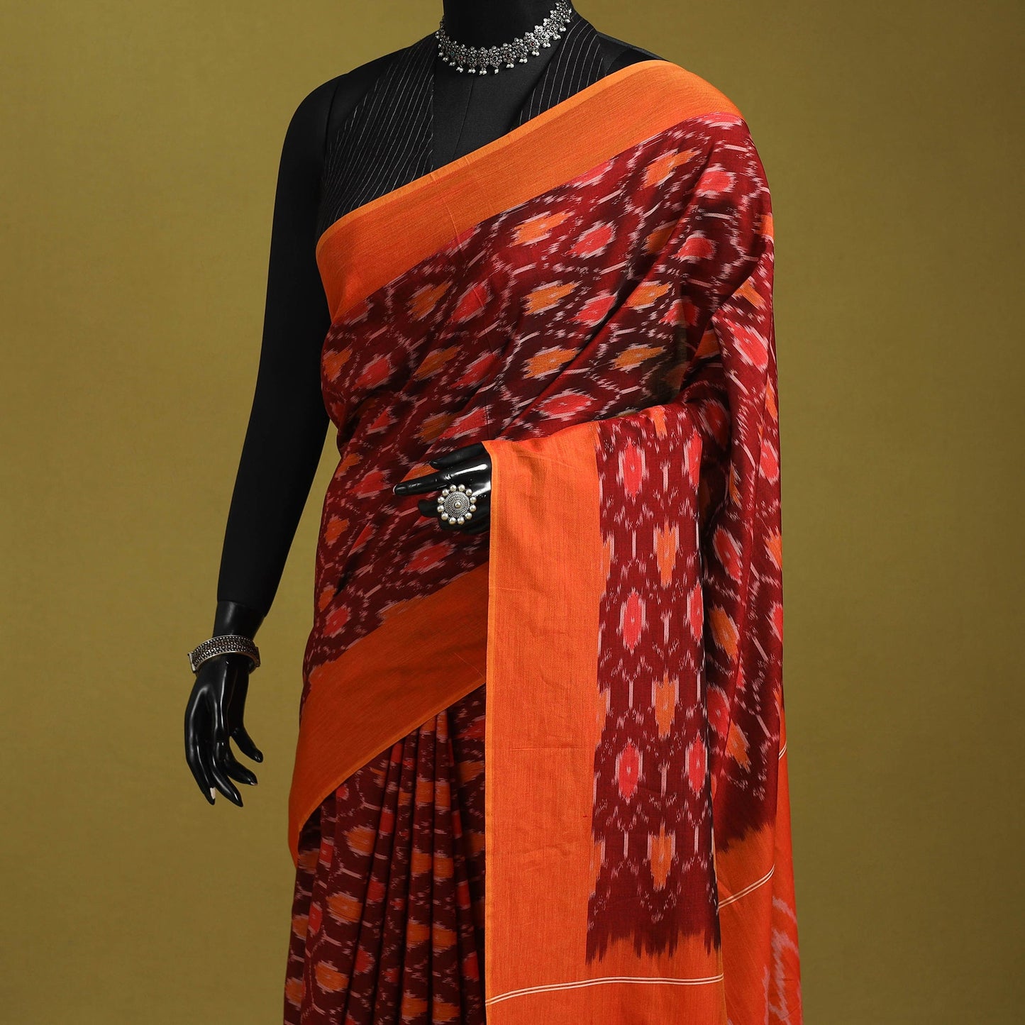 Maroon - mercerised cotton handloom pochampally ikat saree